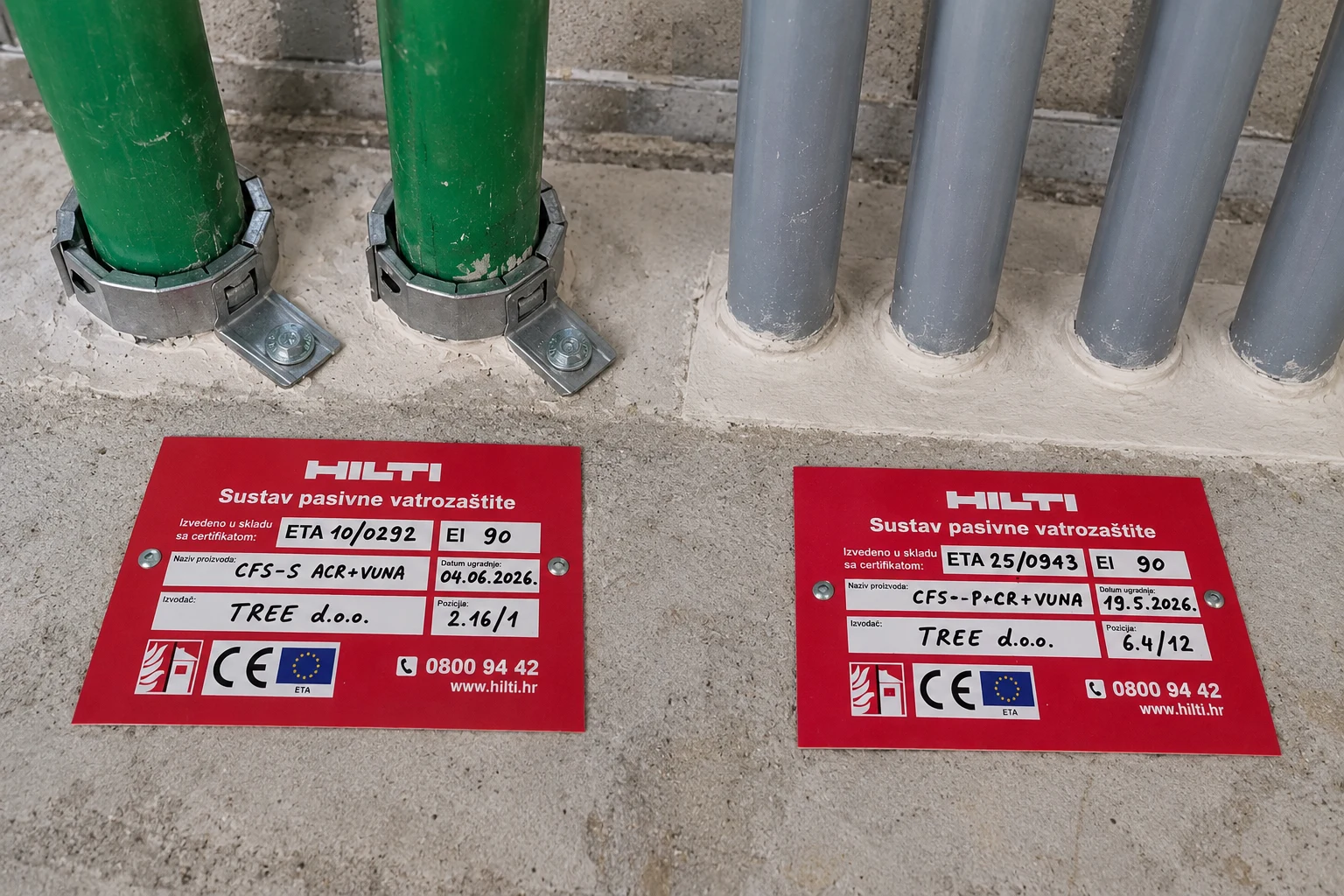 Protupožarno brtvljenje prodora zelenih i sivih cijevi Hilti sustavima